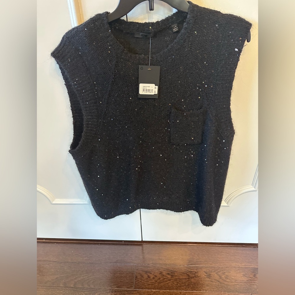 NWT ATM Black Sleeveless Knit Top with Pocket sparkle shimmer